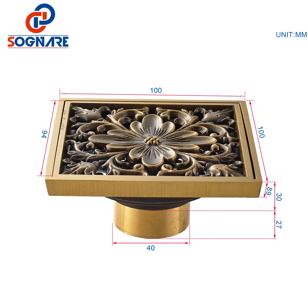 SOGNARE 10*10 см античная латунная резная крышка квадратная душевая напольная