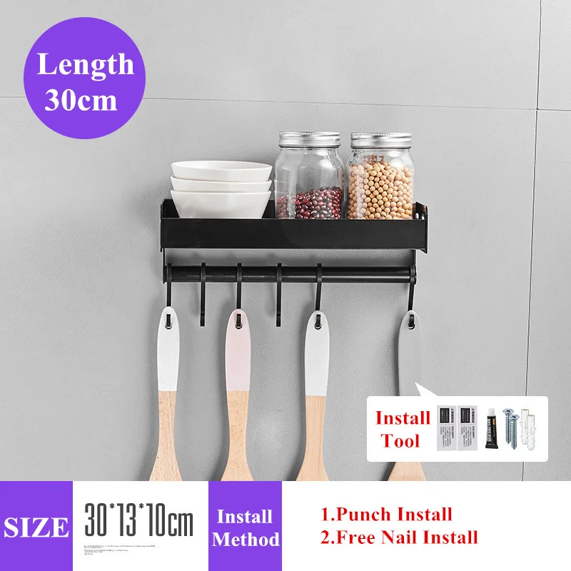30cm(11.81inch)Hook Черная кухонная стойка, алюминиевый сливной крючок, бутылка для приправ, настенная, многофункциональная, для хранения, для дома, 30 см, 40 см, 50 см - Цвет: 30cm(11.81inch)Hook