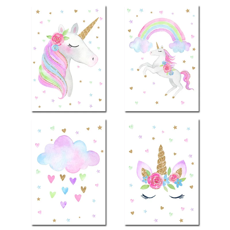 4 pcs Set NDITB, милый детский плакат, радуга, единорог, холст, настенная Художественная печать, картина, украшение, картина, скандинавский детский Декор для спальни, подарок - Цвет: 4 pcs Set