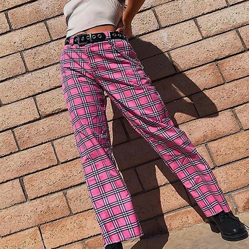 HANSHOW 2018 Лето Pantalon Mujer винтажный Красный Желтый Розовый плед клетчатые брюки