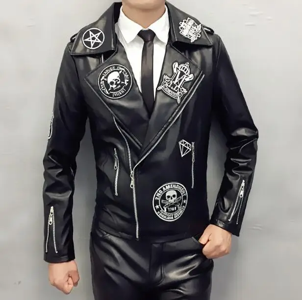 Мужская кожаная куртка с вышитым черепом Модная приталенная лацканами в
