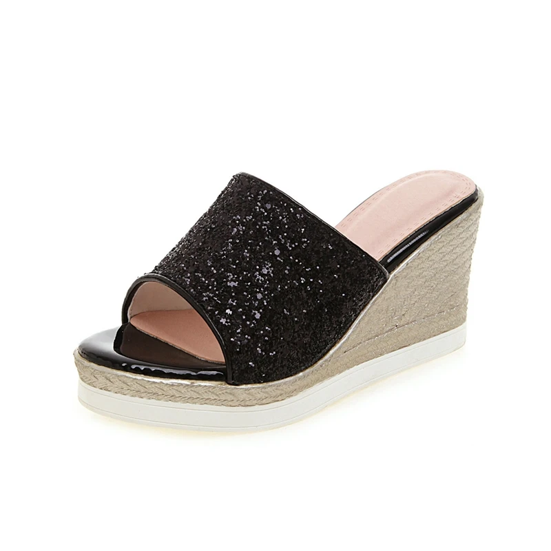 ?? 奪う猫 2019 夏プラットフォームスリッパ女性の夏のビーチサンダル汗通気性スパンコールウェッジカジュアルシューズサイズ 42 43