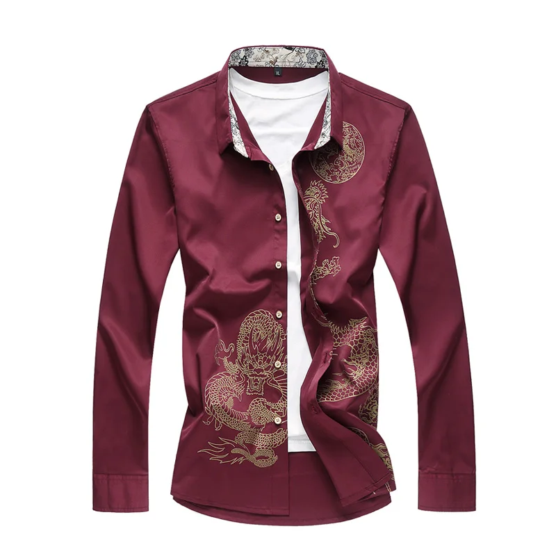 Модный бренд Camisa Masculina рубашка с длинными рукавами мужской старинный китайский традиционный Дракон печатных рубашки больших размеров 6XL 7XL - Цвет: wine red