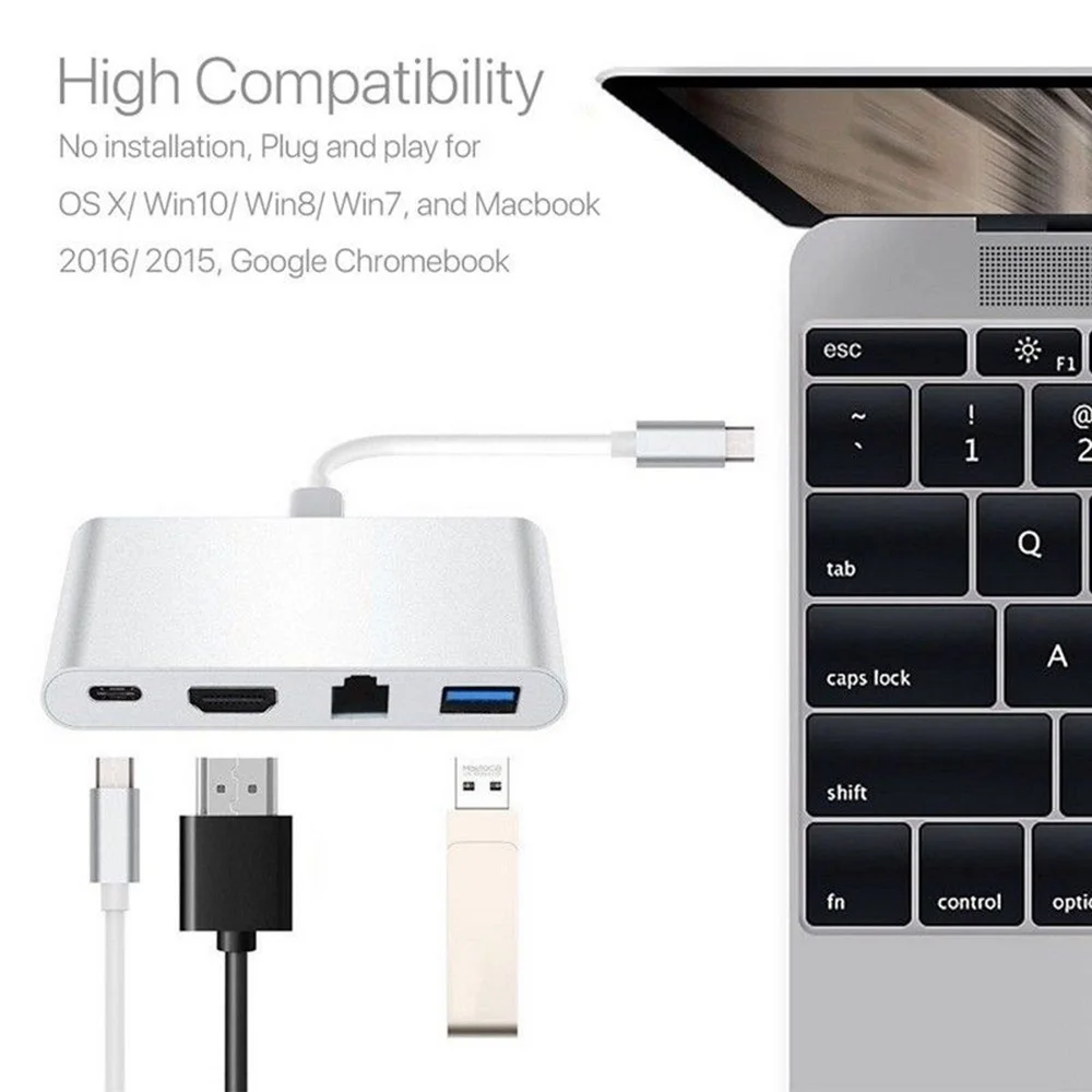 Сетевой адаптер типа C к HDMI 4K + Ethernet RJ45 Lan USB 3 0 Кабель конвертер для Macbook Air Pro