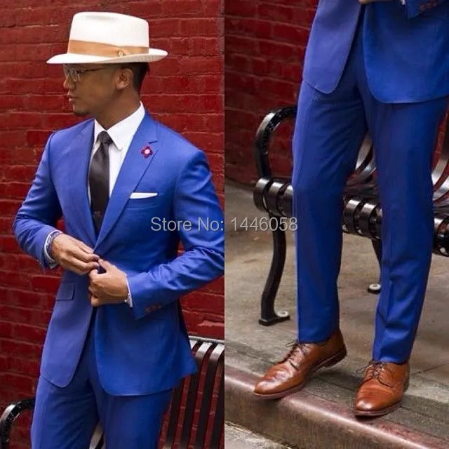 2018 Custom Made Peaked Lapel Classic Royal Blue Tuxedos Groom Wedding Prom Suits Groomsmen Best Man Suit (Jacket+Pants+Tie)