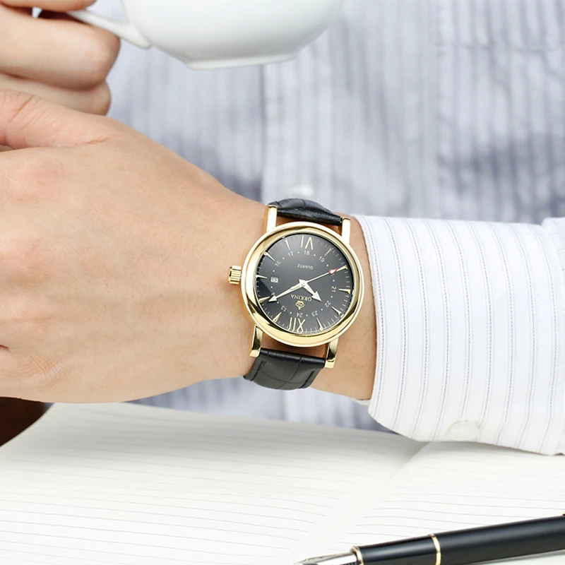 ORKINA светящиеся стрелки мужские часы роскошный ремешок Кварцевые Золотые ободки