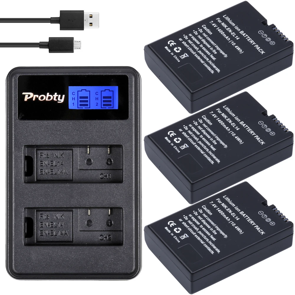 

3Pcs PROBTY EN-EL14 ENEL14 EN EL14 Batteries + LCD Dual Charger For Nikon D5200 D3100 D3200 D5100 P7000 P7100 P7800 P7700 Camera