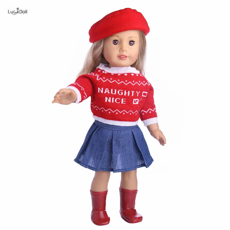 LUCKDOLL Красный Модный комплект шапка + свитер юбка сапоги для 18 дюймовые аксессуары