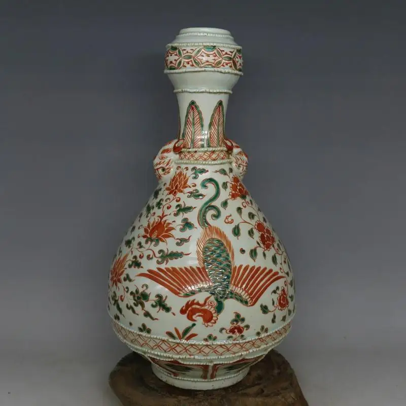 

antique YunaDynasty porcelain vase,red& green phoenix garlic bottle,hand painted crafts /collection & adornment,Free shipping