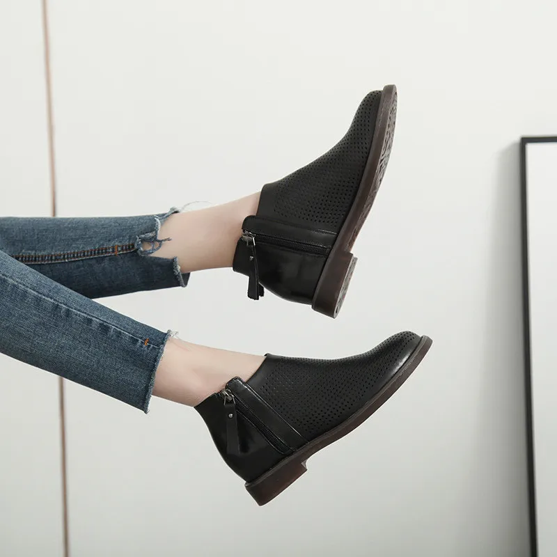 DRFARGO/летние женские сапоги из натуральной кожи на низком квадратном каблуке