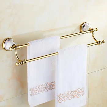 Art copper bathroom double towel bars rack, European antique towel bars gold, Brass toilet wall hanging towel rack shelf vintage