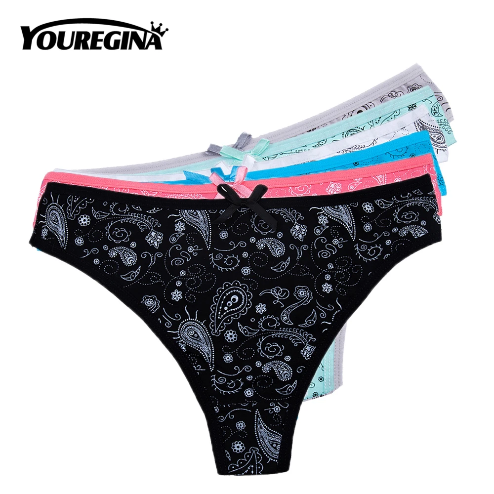 

YOUREGINA Women Thong G-Strings Sexy Cotton Panties Ladies Underwear Female Lingerie Print Bowknot Solid 6pcs/lot Black Blue