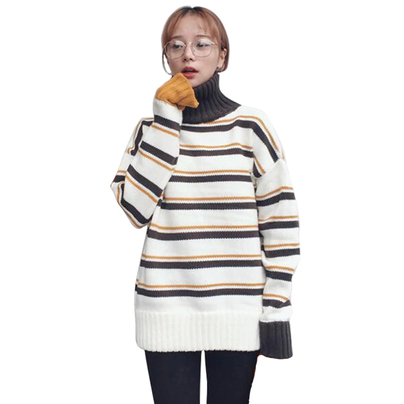 SVOKOR Women Winter High Collar Stitching Stripe Sweater Long Section Loose Leisure Knitted Thick Warm Korean Swea | Женская одежда