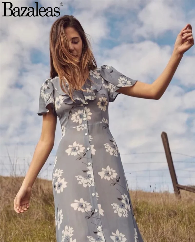 Оборками Длинные платья Тонкий Лепесток рукавом vestidosChiffon синий цветочный принт