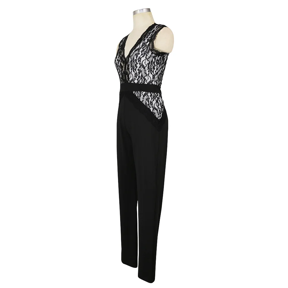 2017 Elegant Deep V Neck Lace Women Jumpsuit Black Sleeveless Fitted Sexy Romper Bodysuit Playsuit Macacao Body Feminino | Женская
