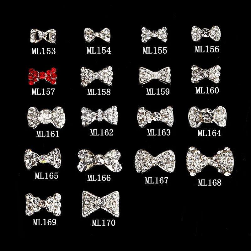 10 шт./лот, популярный бант, прозрачный дизайн ногтей Стразы, кристалл, галстук-бабочка, сплав, бант, для ногтей, dekor, аксессуары, 18 дизайнов