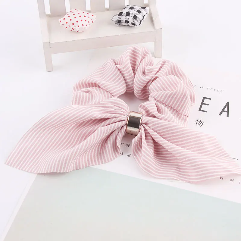 pink stripe Летние шифоновые резинки с заячьими ушками для женщин и девушек, эластичная резинка для волос, аксессуары для девочек, кольцо для волос, держатель для волос, головной убор - Цвет: pink stripe
