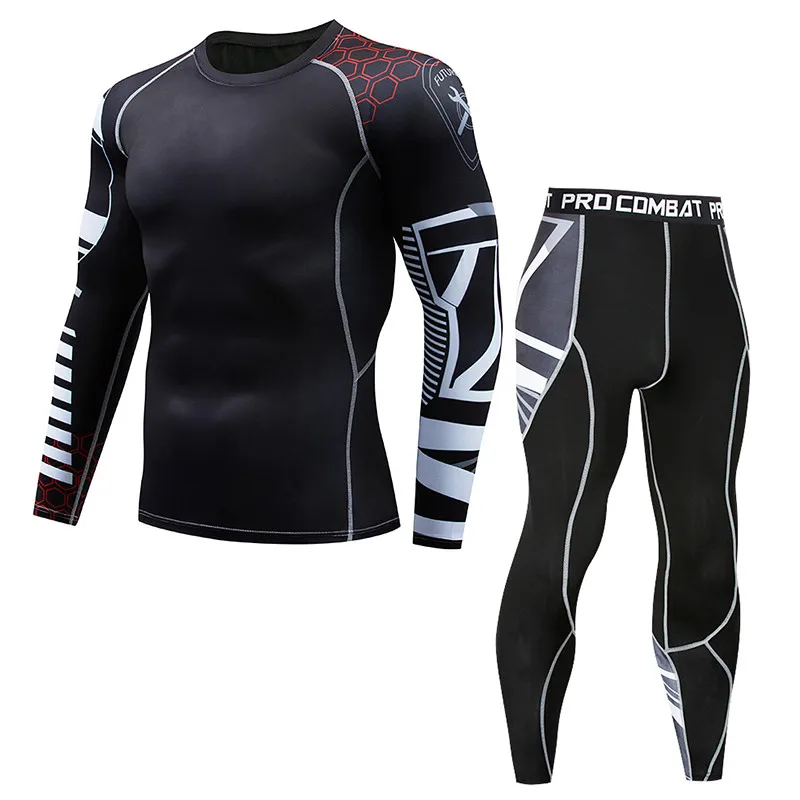 Men's Fitness Running Set Compression T-Shirt + Tights Long Sleeve Rashguard MMA Training Wear Gym Yoga | Мужская одежда