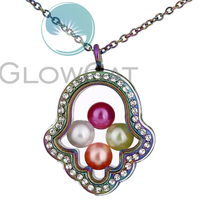 Hamsa hand Радужная Магнитная стеклянная плавающая подвеска, медальон ожерелье с памятью кулоны для фотографии 15 видов стилей Бесплатные стальные цепи - Окраска металла: Hamsa hand