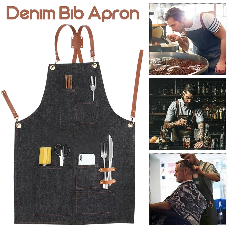 Denim Bib Retro Aprons Leather Strap Barista Barber Bartender BBQ Chef Practical Multifunctional Workwear Uniform