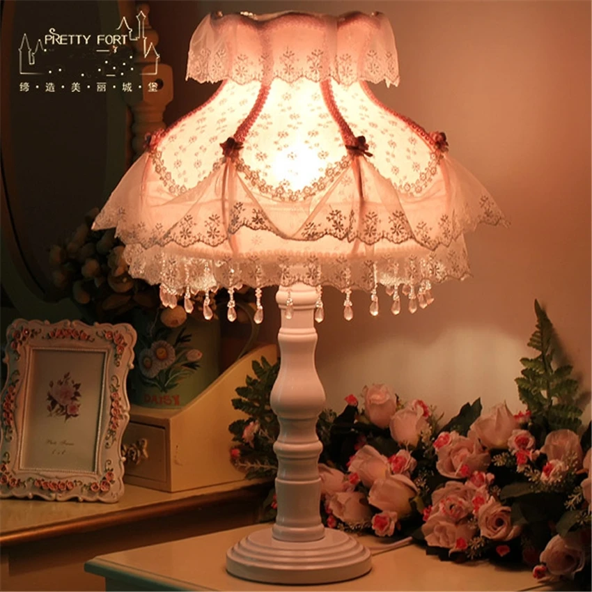 European Korean Pink Princess Table Lamps Lace Fabric Shade Bedroom Bedside Lamp Wedding Lights Home Study Deco Fixtures | Освещение