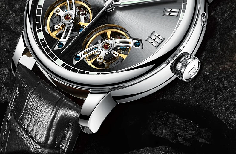 Double tourbillon Luxury Men watch Automatic mechanical Watch BINGER Famous Brand Watch Gold Case Blue Dial Double relogio