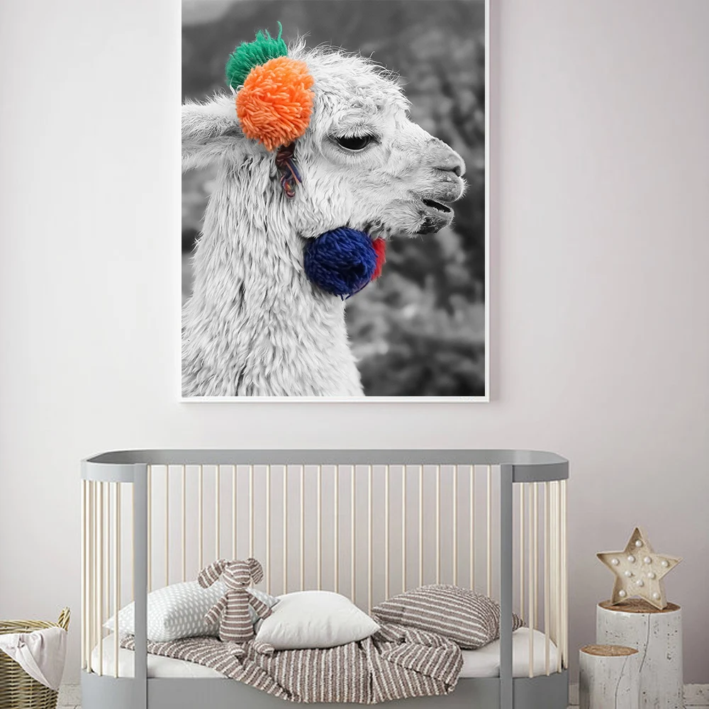 Черно-белая Милая альпака животное настенная Картина на холсте скандинавские
