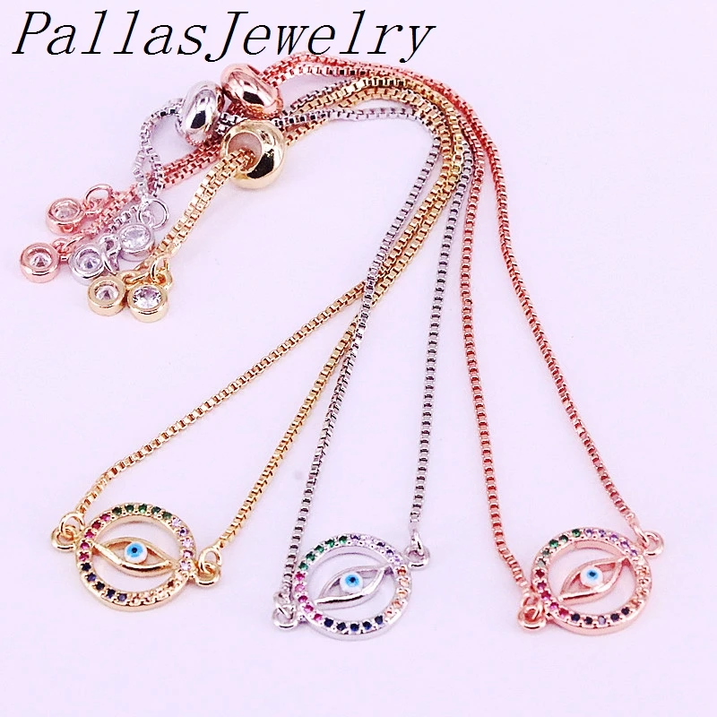 

10Pcs Rainbow CZ Colorful Zirconia Round Eye Adjusted Bracelet Link Chain Jewelry For Women