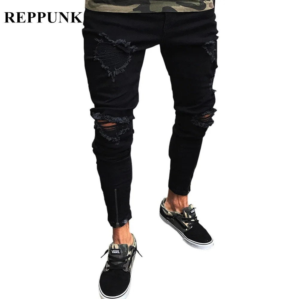 REPPUNK 2019 эластичные облегающие черные мужские рваные джинсы на молнии с дырками