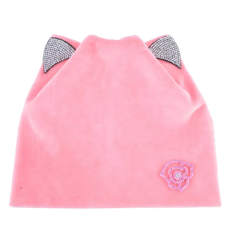 Flower Pink Осень-зима Для женщин шапки бини шапки шапочка ручной работы женские теплого бархата Skullies, Кепки с мигающими Стразы ушами для девочек милые Touca - Цвет: Flower Pink