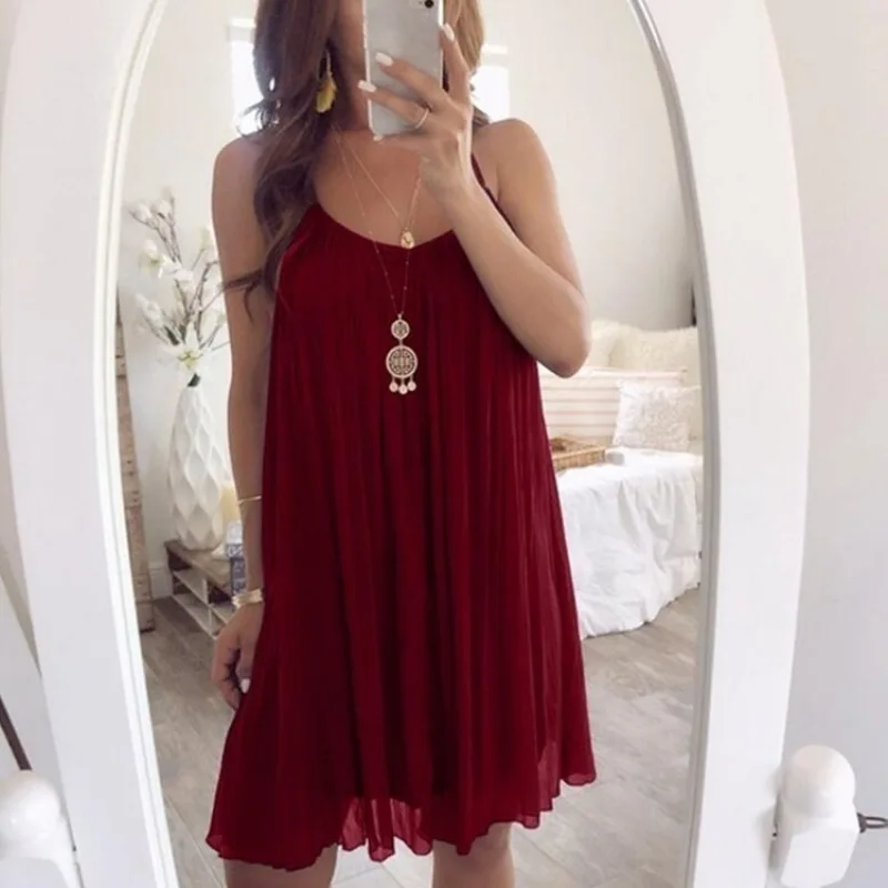 

Women Summer Sleeveless Strap A Line Dress Beach Party Short Mini Slip Dress Plus