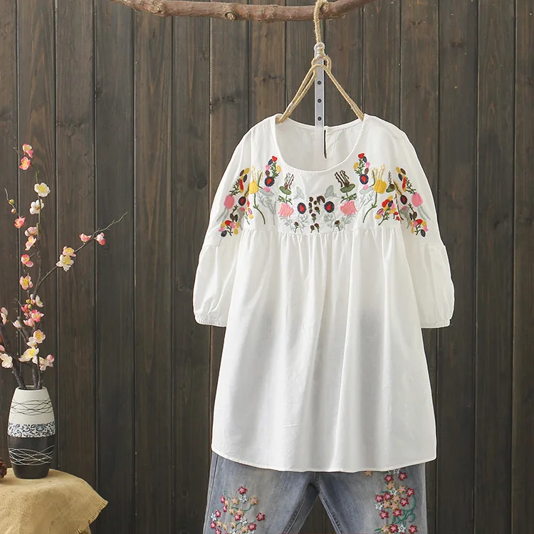 KYQIAO blusas mulher элегантная женская богемная Милая Этническая блузка с круглым вырезом белого, розового и оранжевого цветов с вышивкой, хлопковая блузка, рубашка, топы