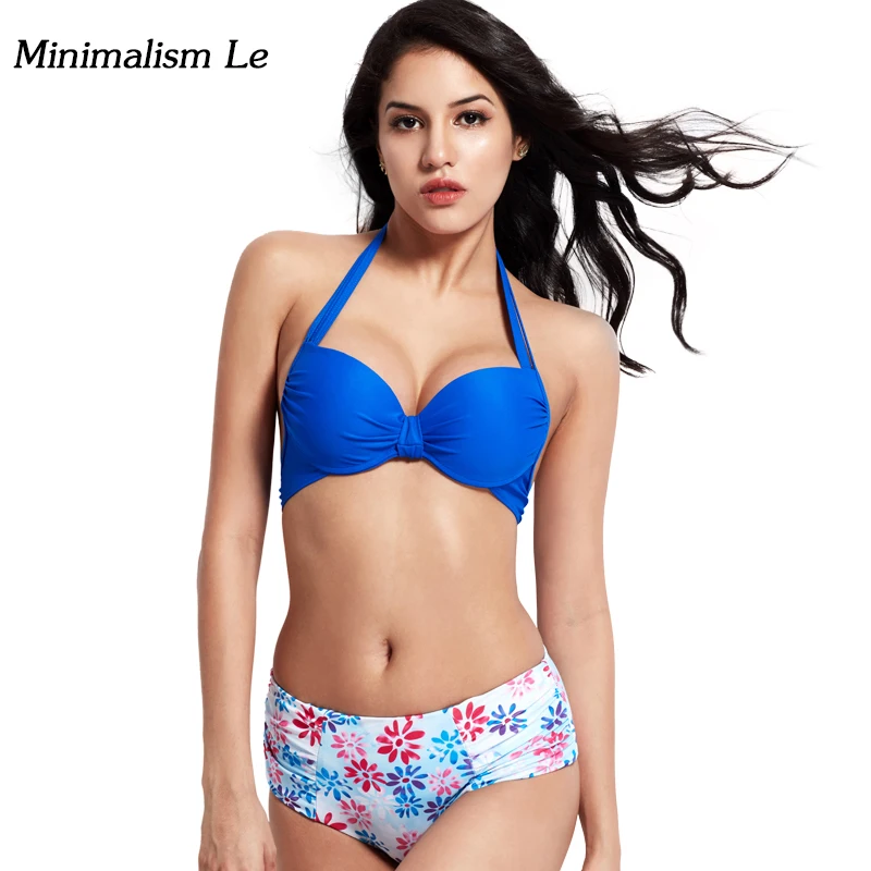 Minimalism Le 2017 Sexy Cross Bandage Bikini New Halter Top Women Swimwear Solid Swimsuit Patchwork Print Bathing Suits BK002 |