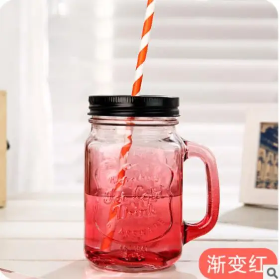4 450ml Glass Mason Jar Mug with Lid and Straw Summer Ice Cream Fruit Cold Drinking Water Jars Juice Cup - Цвет: 4