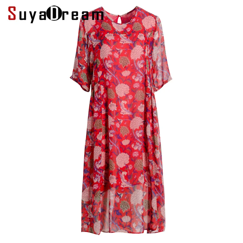 

SuyaDream Women Floral Dress 100%Silk Georgette Print Midi Dress Women 2022 Summer A-Line Slit Back Silk Dresses Vestidos