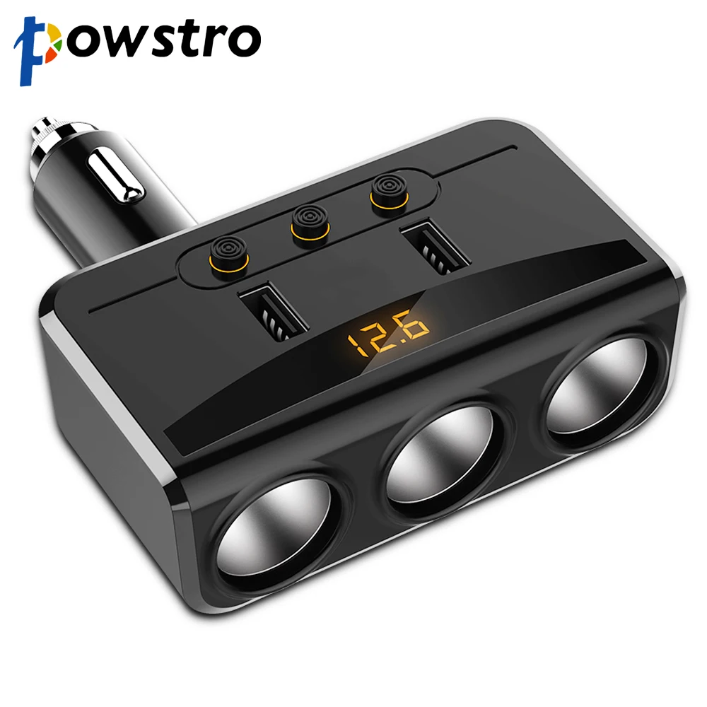 Автомобильное зарядное устройство Powstro 100 Вт, 5 В, а, двойное зарядное устройство USB, 3 прикуривателя с переключателем, цифровой дисплей, умная быстрая зарядка, DC 12-24 В