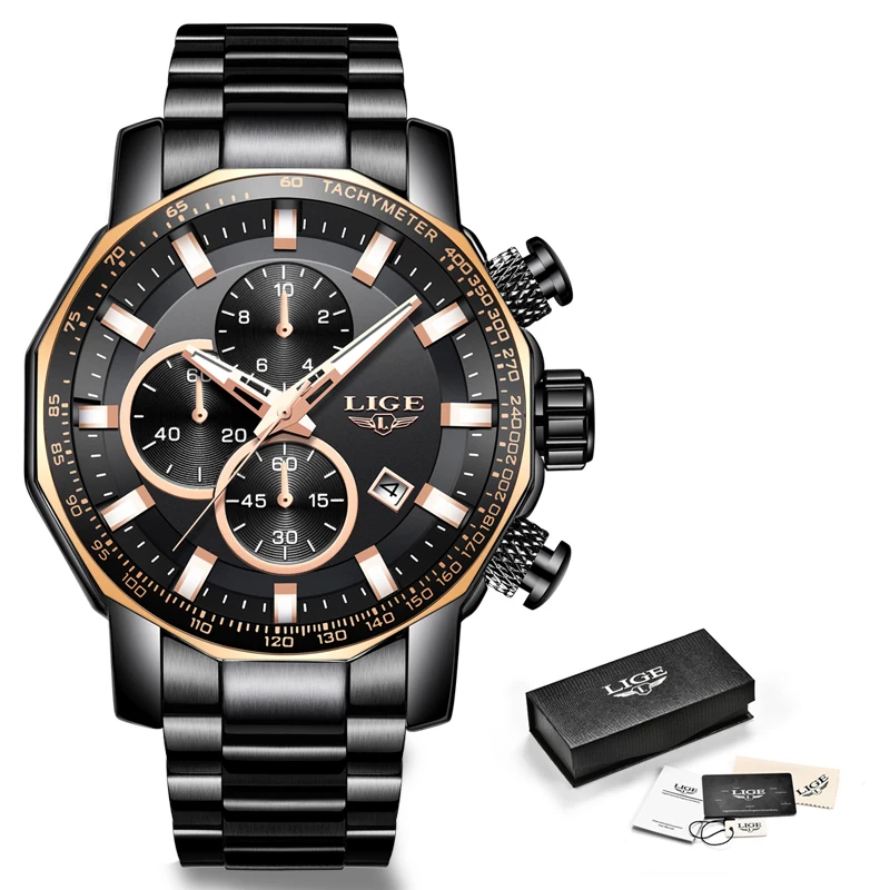 

LIGE Mens Watches Top Brand Luxury Waterproof 24 hour Date Quartz Watch Man Full Steel Sport WristWatch Men Waterproof Clock+Box