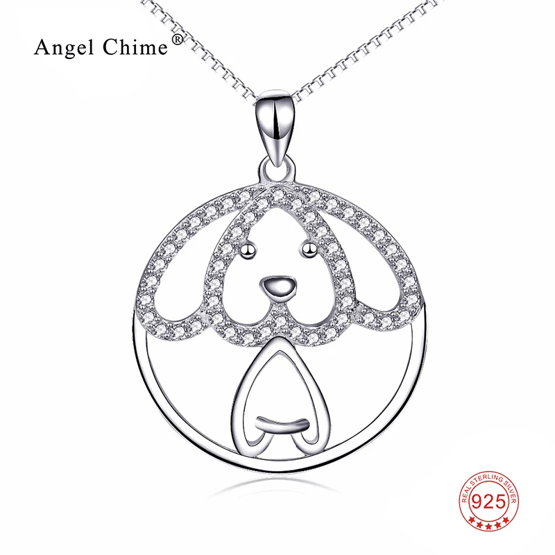 Милый Кристалл щенок собака Круглый Кулон из стерлингового серебра 925 пробы