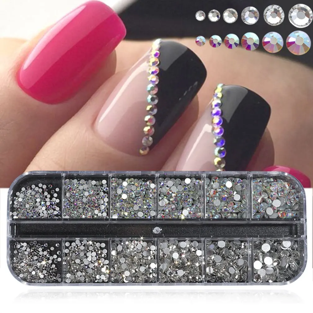 

12 Grids Box Shiny Crystal AB Nail Rhinestones Flat Back Glitter Jewelry Charm Diamond Nail Art Decoration