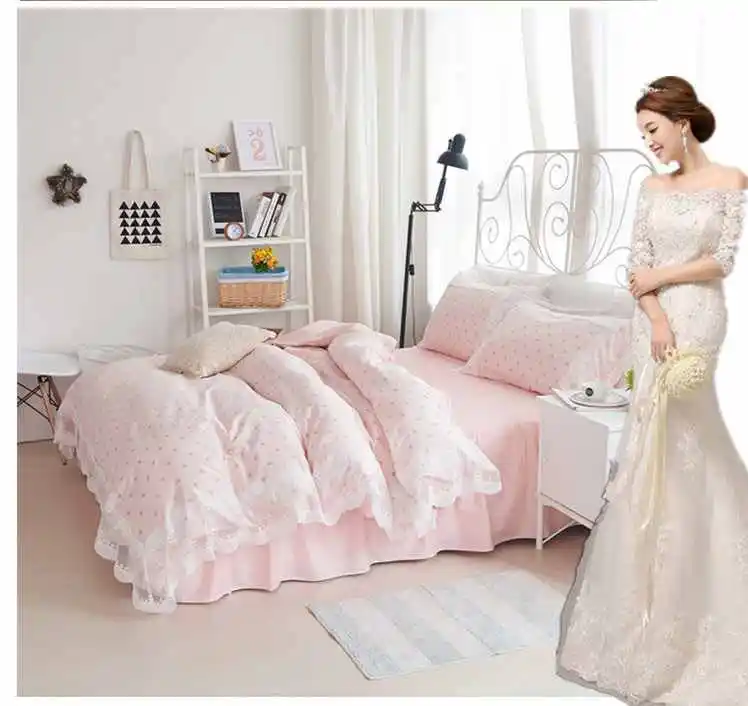 

100% Cotton Korean Bedding Sets Princess Lace Quilt Cover King Queen Size 4pcs Stripes Bedclothes Bed Linen Sheet Pillowcases