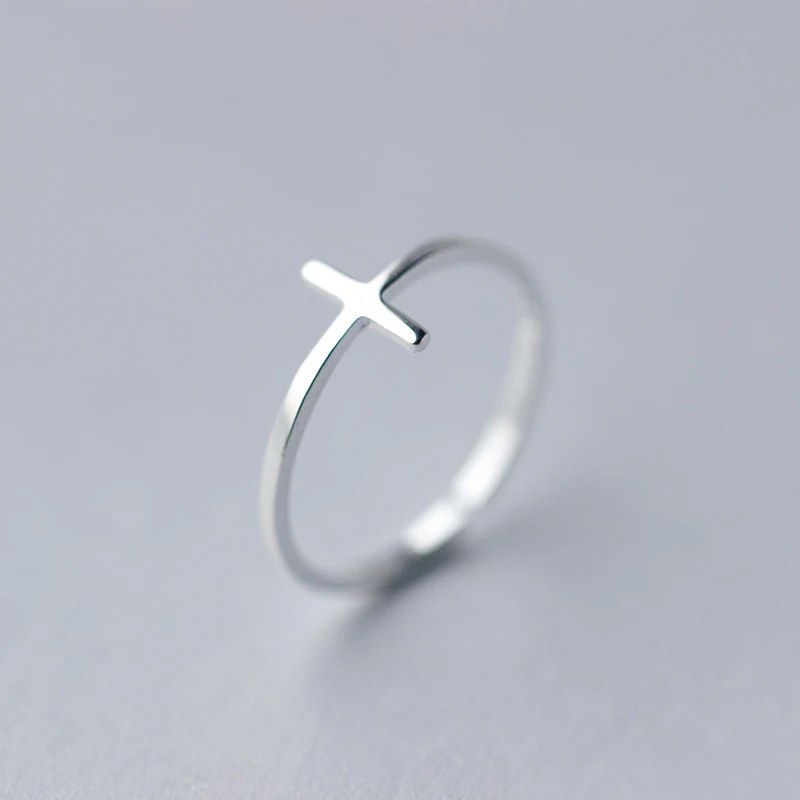 Curved Cross Женские подлинные 925 пробы серебряные модные ювелирные изделия милый религиозный крест кольцо открытый регулируемый Девочки Дети Рождественский подарок - Цвет основного камня: Curved Cross