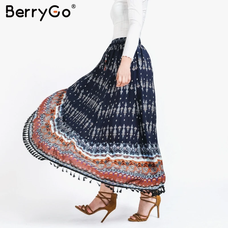 BerryGo женские юбки Boho длинная юбка с цветочным принтом летние кисточками 2019