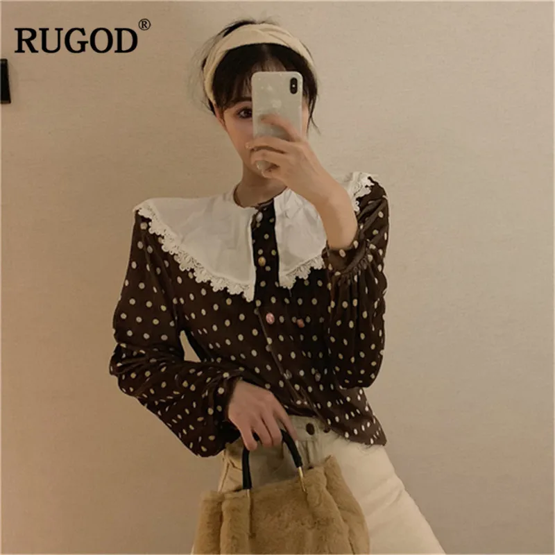 RUGOD/Модная женская блузка в горошек с кружевным воротником Питер Пэн весенние