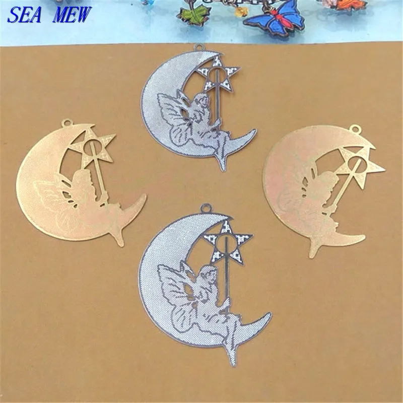 SEA MEW 24*32 мм медный лист Звезда Луна филигрань кулон Сырье Латунь серебряный цвет