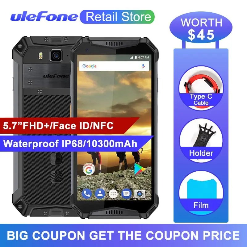 Ulefone Armor 3 водонепроницаемый IP68 мобильный телефон 5 7 &quotFHD + Android 8 1 4 Гб 64 21MP NFC Face ID 10300