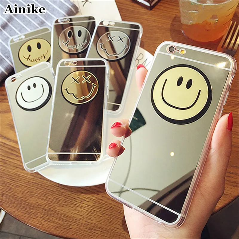 Ainike Smile Face Acrylic Mirror Phone Case For iPhone X XR XS MAX 8Plus 4s 5s SE 6 6S Plus 7 7plus Lovely Smiling Cover |