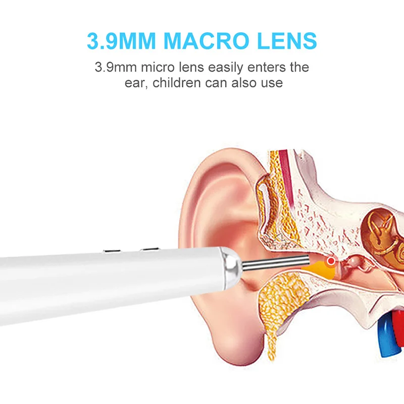 3.9ММ 1080P Эндоскоп для чистки ушей с 7-дюймовым ЖК-экраном, 6 регулируемыми светодиодными лампами и ложкой для удаления серы.