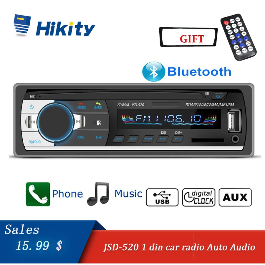 Hikity Автомагнитола 1 din Авторадио Bluetooth Aux вход SD USB JSD-520 Авто аудио стерео MP3 Coche приемник автомобильный мультимедийный плеер