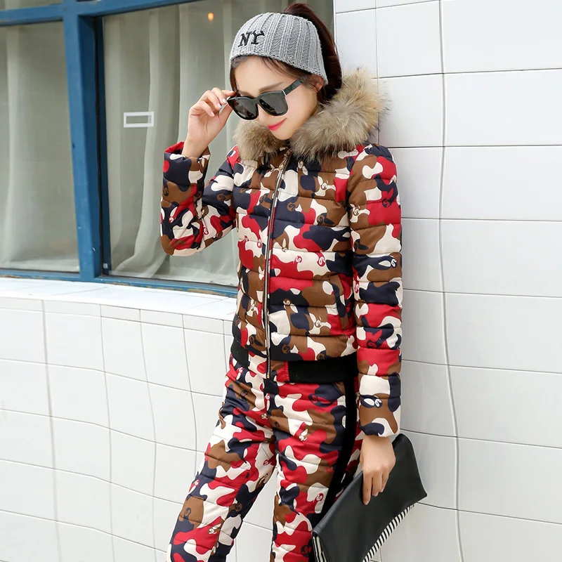 2017 Для женщин зимние теплые хлопковые ватник мода Slim 2 шт. комплекты (топ + брюки)