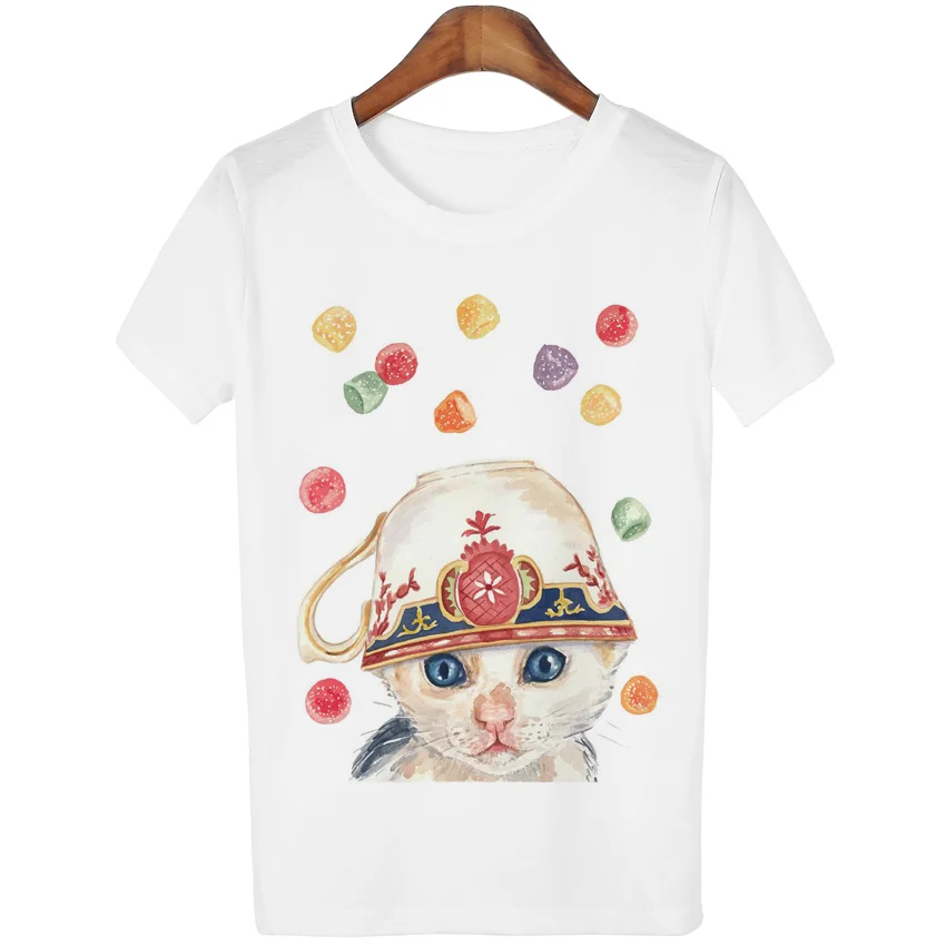 Женская футболка с коротким рукавом круглым вырезом и принтом кошки|white t-shirt|brand